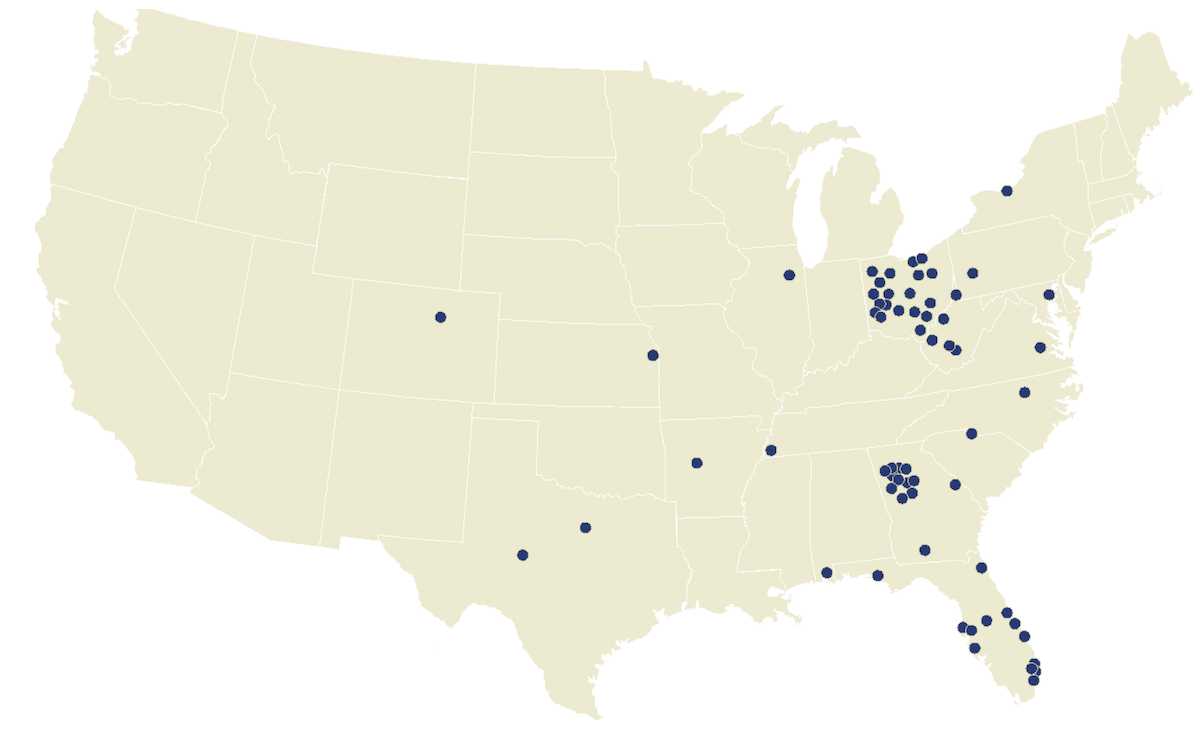 A US map of senior living projects supported by Alcore Senior.